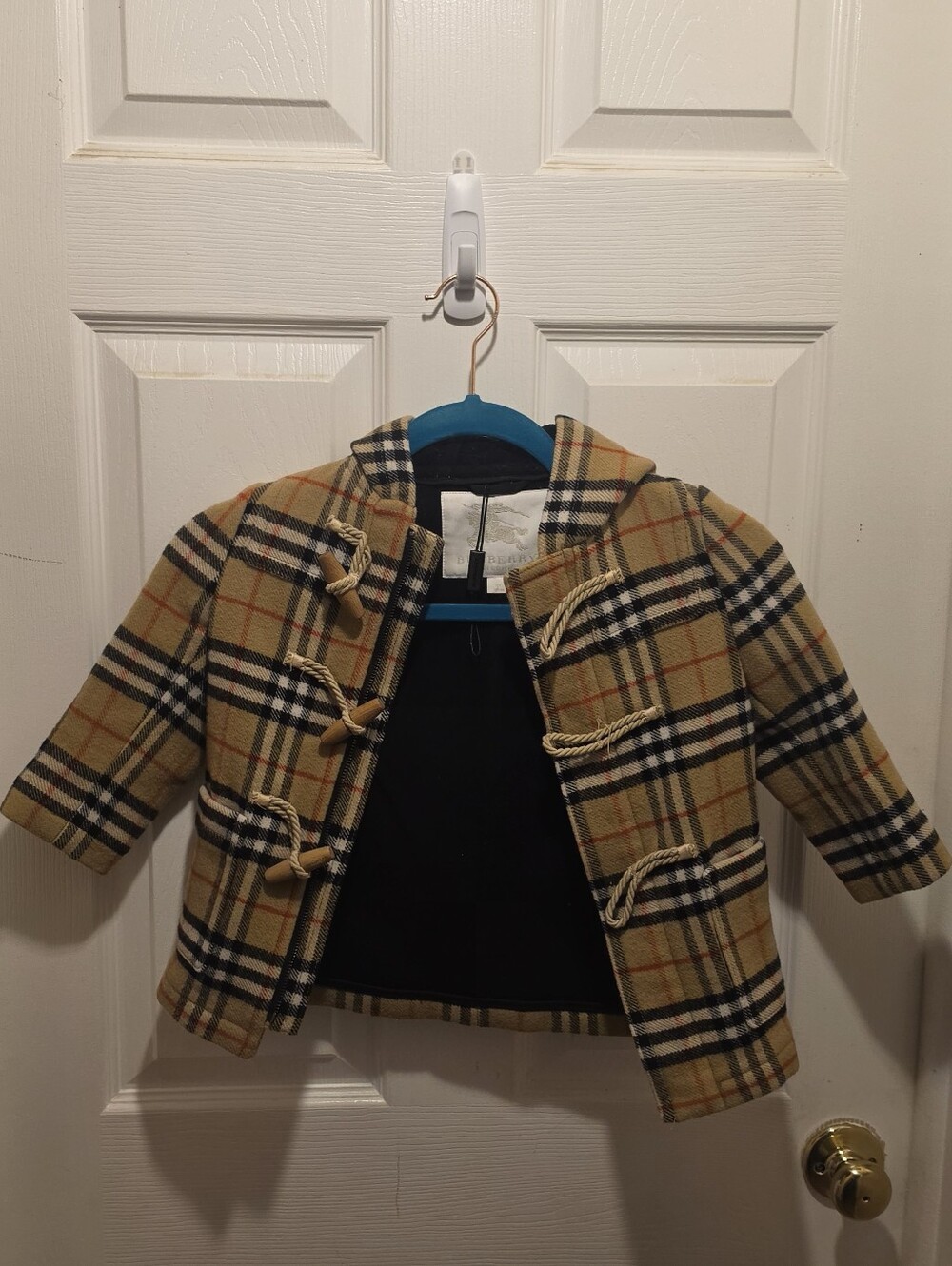 Burberry Beige Plaid Kids Toggle Hooded Pea Coat